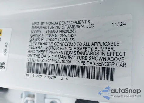 2025 Honda Accord Hybrid Sport-L z USA, uszkodzony, nr VIN 1HGCY2F71SA019208